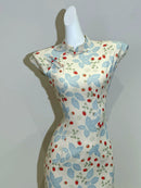 Blue Floral Berry Print Qipao Dress | Slim Mandarin Midi Look