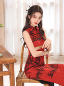 Red Black Bamboo Print Qipao Dress Sleeveless Mandarin Collar Slim Fit Side Slit Maxi