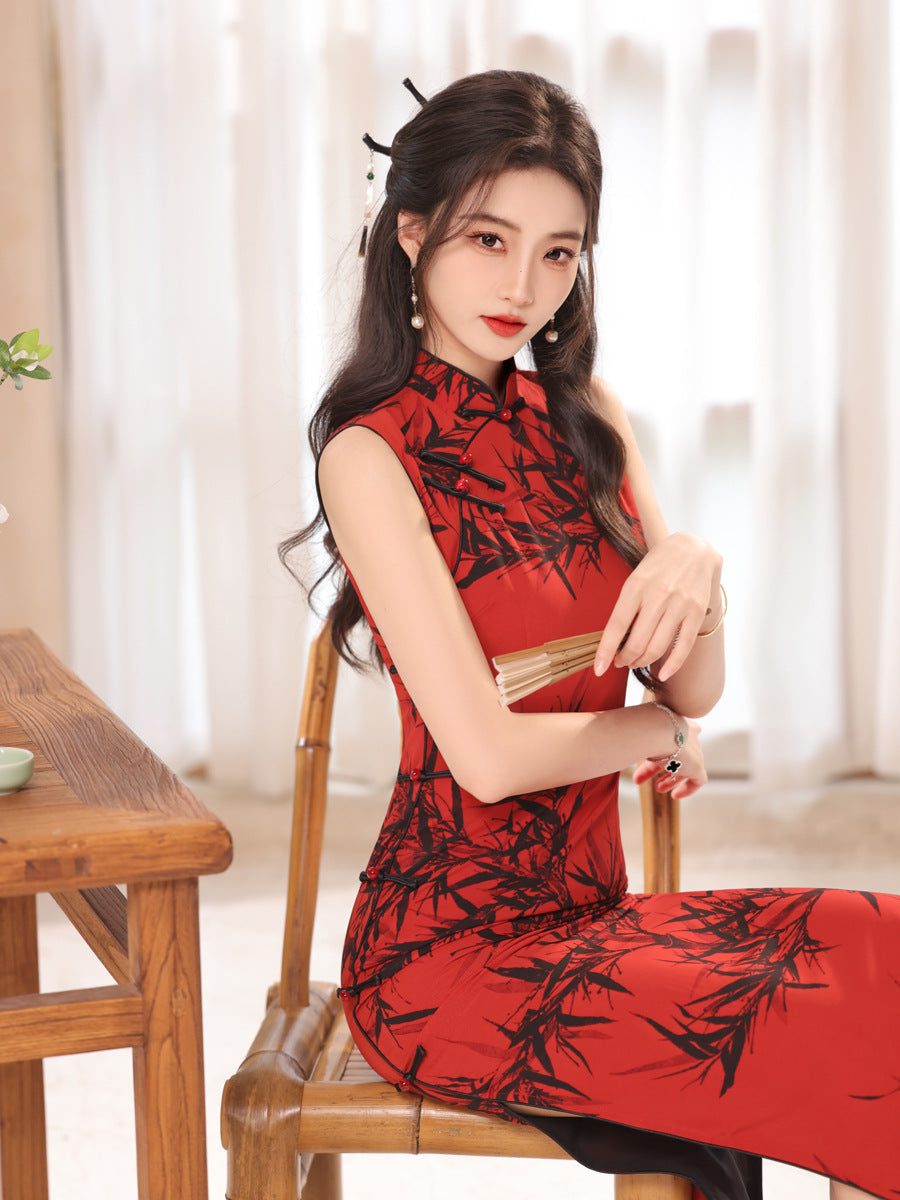 Red Black Bamboo Print Qipao Dress Sleeveless Mandarin Collar Slim Fit Side Slit Maxi