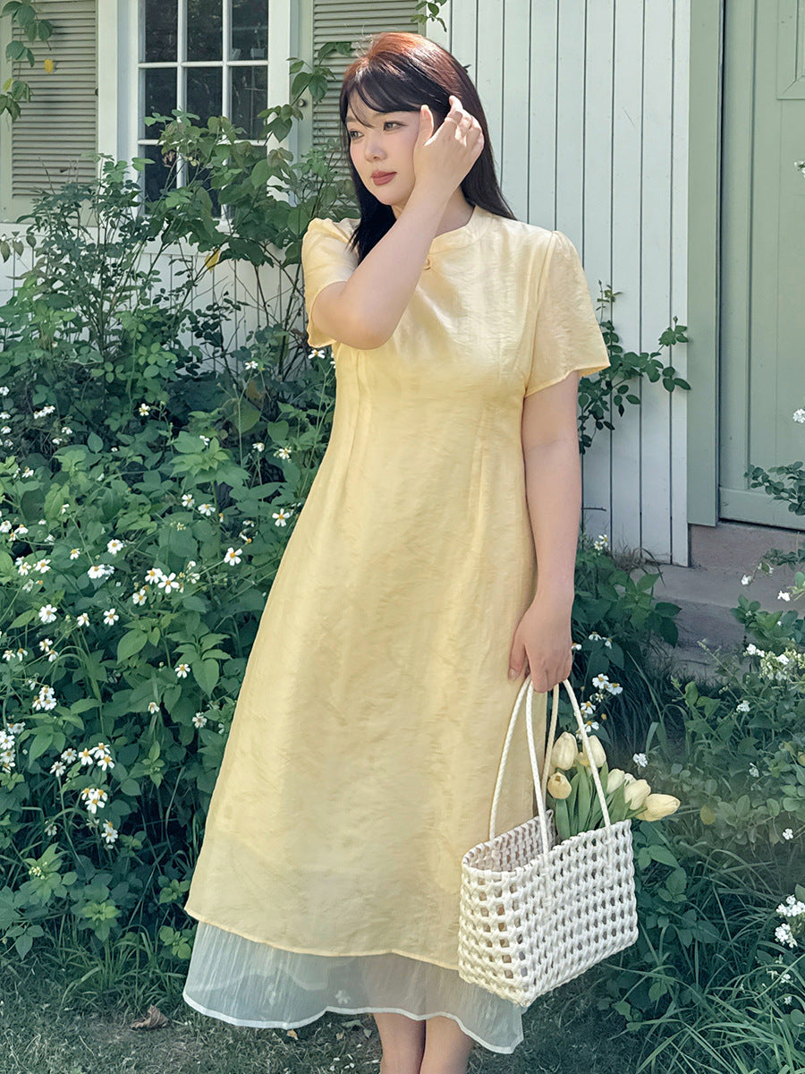 Plus Size Summer Modified Qipao Dress | Beige & Apricot | Lightweight Jacquard