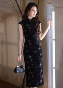Black Stretch Long Qipao | Modern Mandarin Slim Evening Gown