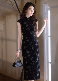 Black Stretch Long Qipao | Modern Mandarin Slim Evening Gown