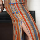 Modern Chinese Retro Striped Qipao Dress | Mandarin Collar Frog Buttons Slim Midi Side Slit