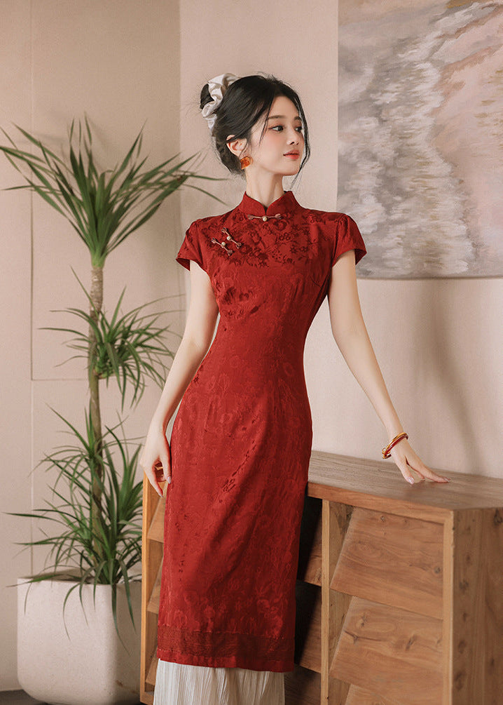 Wine Red Jacquard Mandarin Qipao Dress | A-Line Slim Waist Layered Pleated Tassel Skirt New Chinese Style