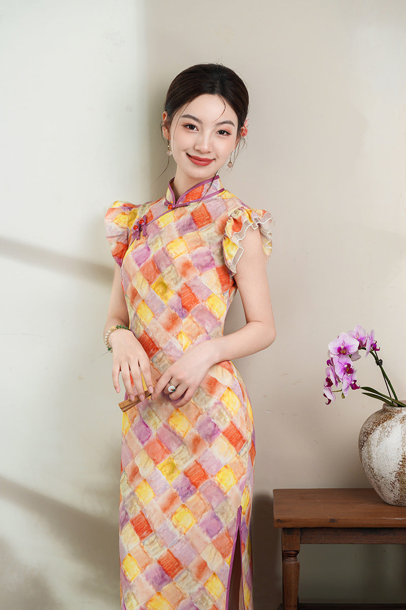Fashionable Plaid Embroidery Improved Qipao | Colorful Plaid Mandarin Collar Slim Fit Dress