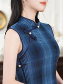 Summer Sleeveless Blue Vintage Qipao | Slim Fit Elegant Cheongsam Dress