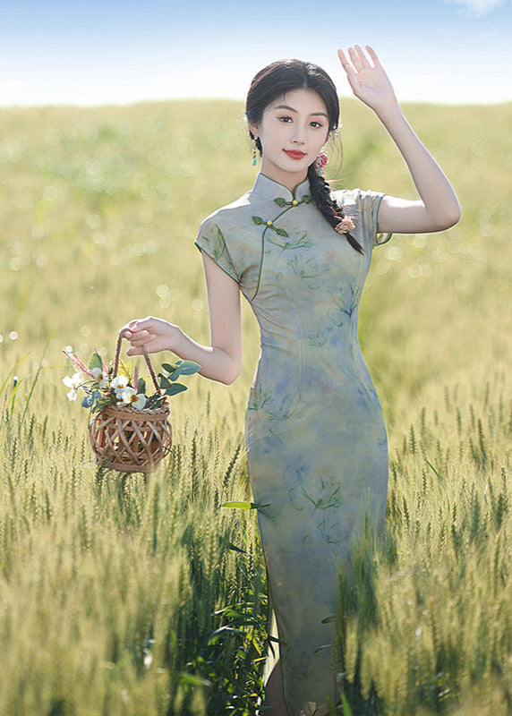 Spring Sleeveless Green Qipao Long Dress | Watercolor Floral