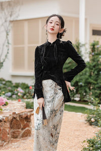 Vintage Velvet Black Top with Embroidered Silk Skirt