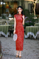 Burgundy Jacquard Qipao Dress Slim Fit Mandarin Collar Midi Cheongsam | Vintage New Chinese Style for Banquet Wedding Date