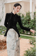 Vintage Velvet Black Top with Embroidered Silk Skirt