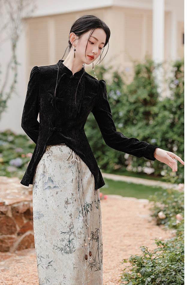 Vintage Velvet Black Top with Embroidered Silk Skirt