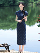 Navy Jacquard Vintage Elegant Qipao Dress | Cap-Sleeve Slim Long Gown