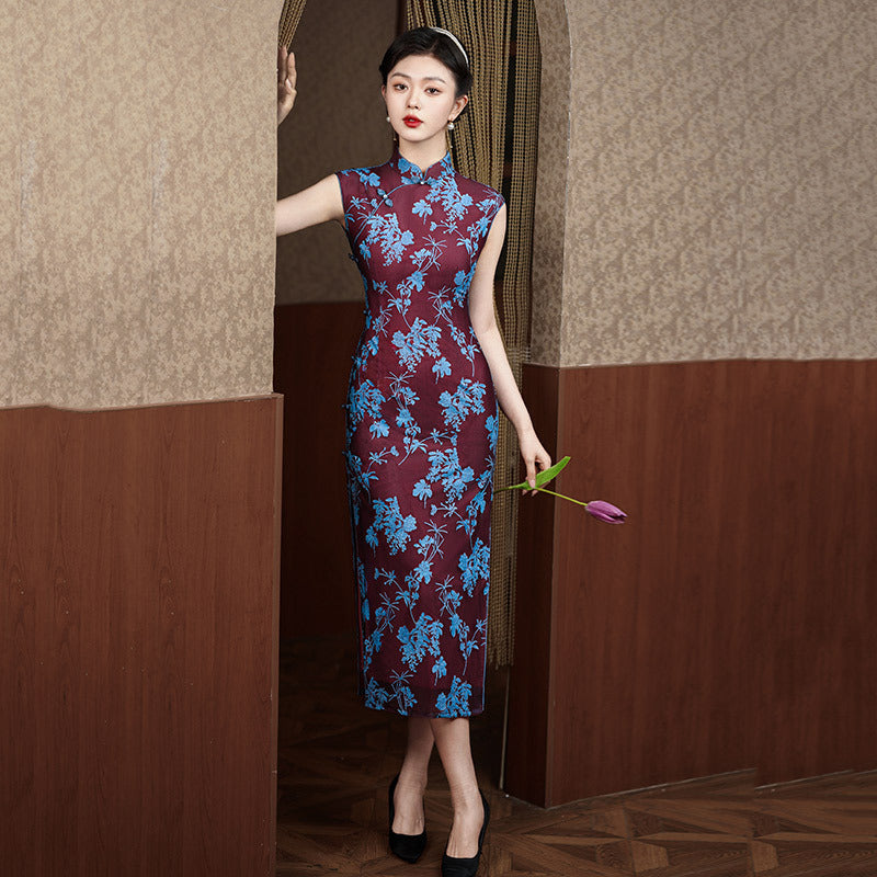 Elegant Burgundy Cheongsam with Blue Floral Embroidery for Traditional Occasions