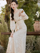 Lace Long Sleeve Dress with Belt, Elegant Women’s Floral Dress, HANGRACE