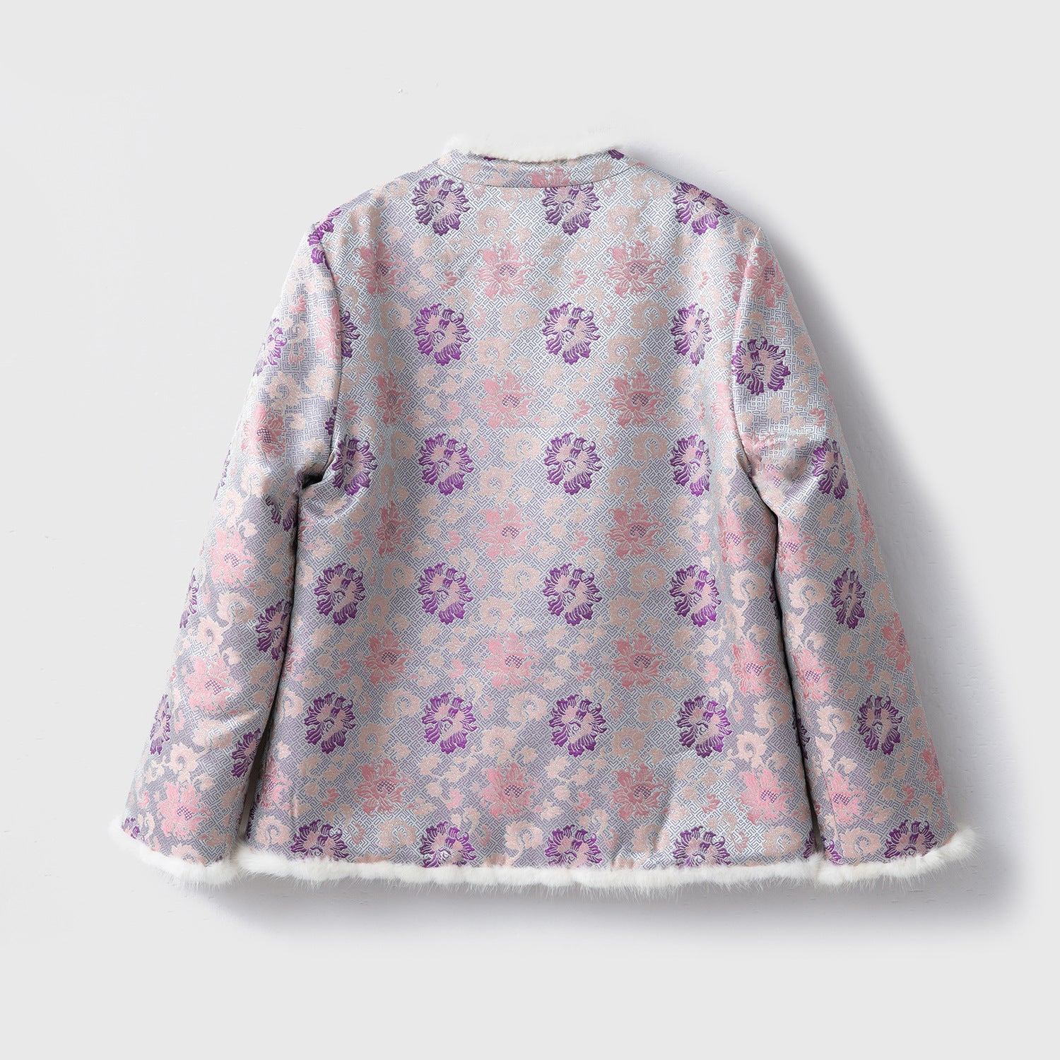Silk Kimono Jacket with Fur Trim - Traditional Chinese Style Robe