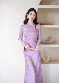 Modern Vintage-Inspired Purple Jacquard Satin Qipao | Mandarin Collar Long Sleeves