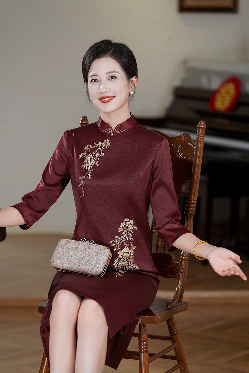 Acetate Stretch Satin Embroidered Qipao Midi | Mandarin Collar