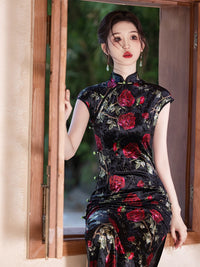 Velvet Rose-Embroidered Qipao | Black with Red Florals