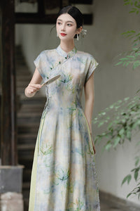 优雅花卉印花汉服两件套，带透明罩层