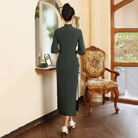 Elegant Dark Green Cheongsam Dress for Women with Half Sleeves and High Slit