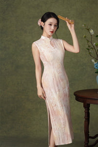 Pink Floral Sleeveless Velvet Qipao Dress | Slim Mandarin Maxi