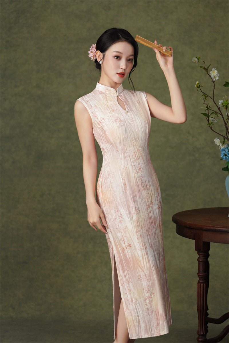 Pink Floral Sleeveless Velvet Qipao Dress | Slim Mandarin Maxi