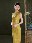 Gold Tonal Jacquard Sleeveless Qipao Dress | Mandarin Collar Slim Midi Cheongsam