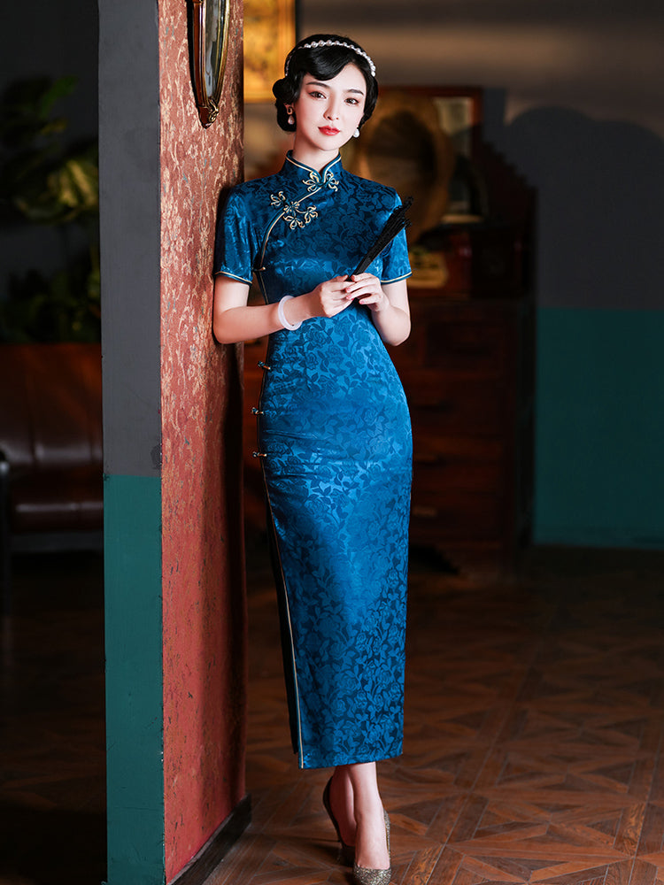 Vintage Chinese Jacquard Qipao Dress | Slim Fit Mandarin Collar Cheongsam