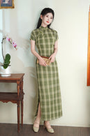 Spring TR Plaid Qipao Maxi Dress | Slim Vintage Chic