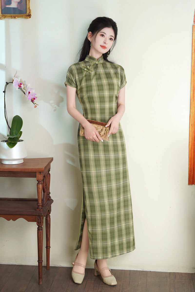 Spring TR Plaid Qipao Maxi Dress | Slim Vintage Chic