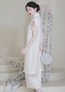 Modern Chinese Qipao Two-Piece Set | Ivory Mandarin-Collar Straight Dress