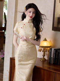 Yellow Jacquard Qipao | Slim Mandarin Collar Short-Sleeve Dress