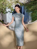 Blue Vintage-Wash Short Sleeve Qipao Maxi Dress | Mandarin Collar Slim Slit Cheongsam