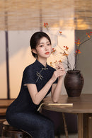 BlackTonal Jacquard Short Sleeve Qipao Dress | Mandarin Collar Slim Midi Cheongsam