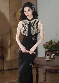 New Chinese Style Black Sleeveless Butterfly Embroidered Qipao Dress | Mandarin Collar Slim Fit High Slit Maxi Gown