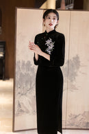 Black Orchid-Embroidered Qipao Midi | Elegant for Banquets
