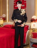 Summer Black Mandarin Collar Zhongshan Suit with Dragon for Wedding