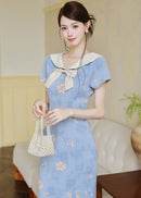 Blue Sailor Bow Qipao Dress | Slim Side-Slit, Retro Chic