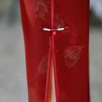 Wine Red Jacquard Satin Qipao Dress | Mandarin Collar Slim Split Cheongsam Evening Gown