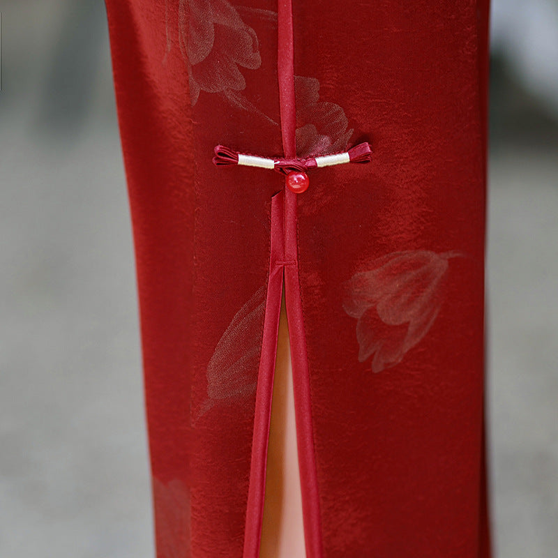 Wine Red Jacquard Satin Qipao Dress | Mandarin Collar Slim Split Cheongsam Evening Gown