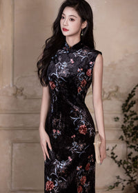 Black Floral Vintage Sleeveless Slim Qipao Gown