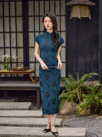 Teal Blue Rose Jacquard Short Sleeve Qipao Maxi Dress | Mandarin Collar Slim Slit Cheongsam