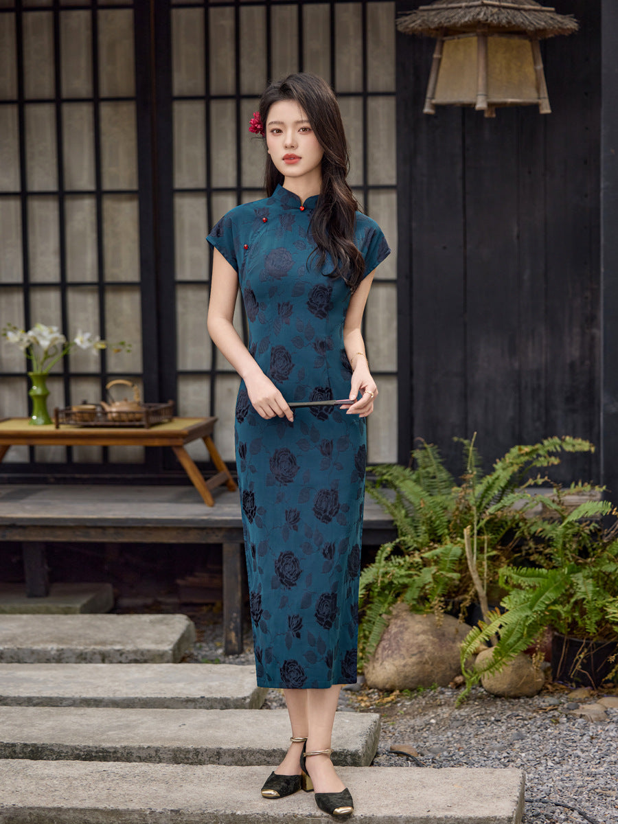 Teal Blue Rose Jacquard Short Sleeve Qipao Maxi Dress | Mandarin Collar Slim Slit Cheongsam