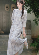 Mist-Grey Ink-Print Modern Hanfu Set | Mandarin-Collar Puff-Sleeve Top & High-Waist Skirt