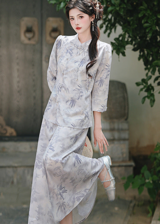 Mist-Grey Ink-Print Modern Hanfu Set | Mandarin-Collar Puff-Sleeve Top & High-Waist Skirt