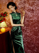 Elegant Green Pattern Slim Qipao | Mandarin Collar