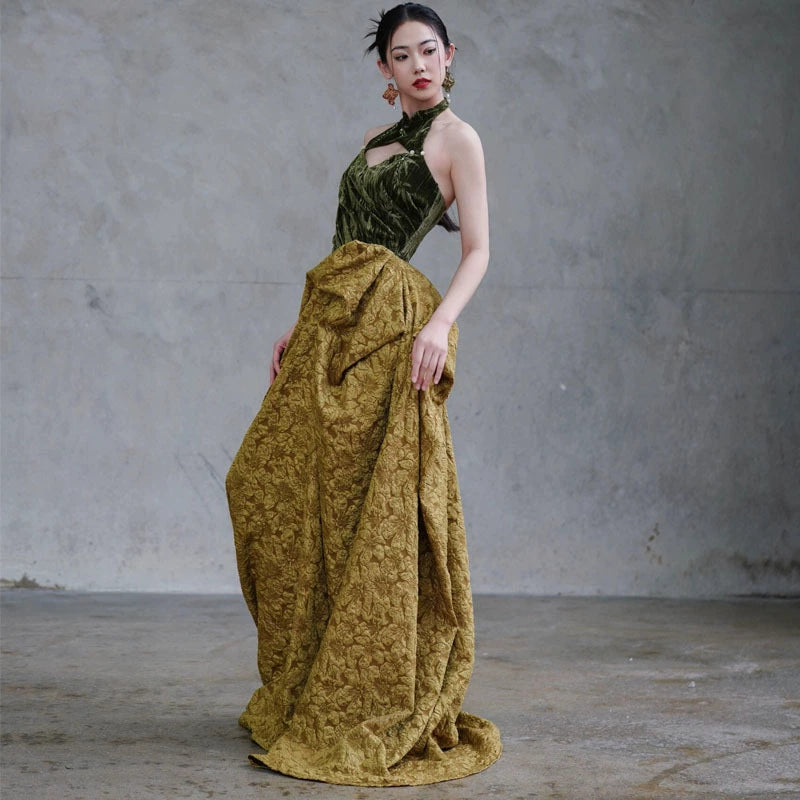 Dark Green Vintage Jacquard Dress Set | Gold Brown Banquet Look