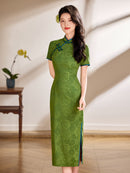 Emerald Green Blue-Piping Tonal Jacquard Short Sleeve Qipao Maxi Dress | Mandarin Collar Slit Cheongsam