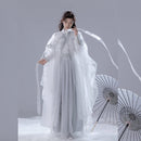 White Traditional Chinese Hanfu Costume for Men | Elegant Embroidered Robe with Long Sleeves and Umbrella
