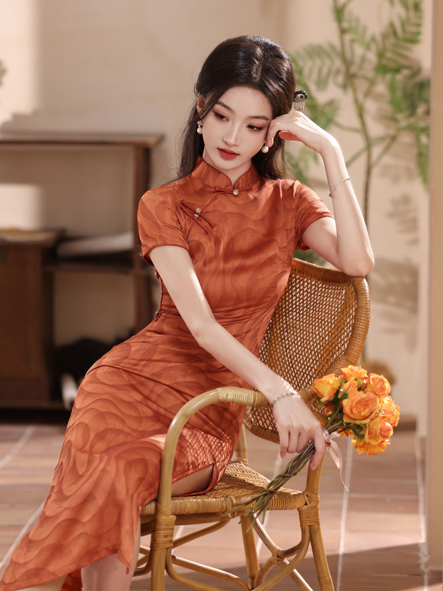 Rust Orange Jacquard Qipao Dress Short Sleeve Slim Mandarin Collar